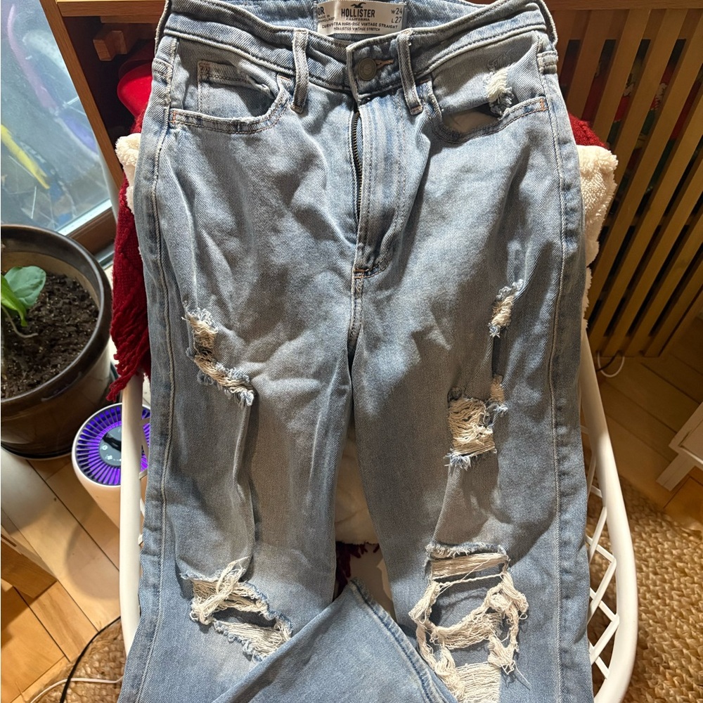 Hollister Women's Straight Leg Ripped Jeans - Light Blue